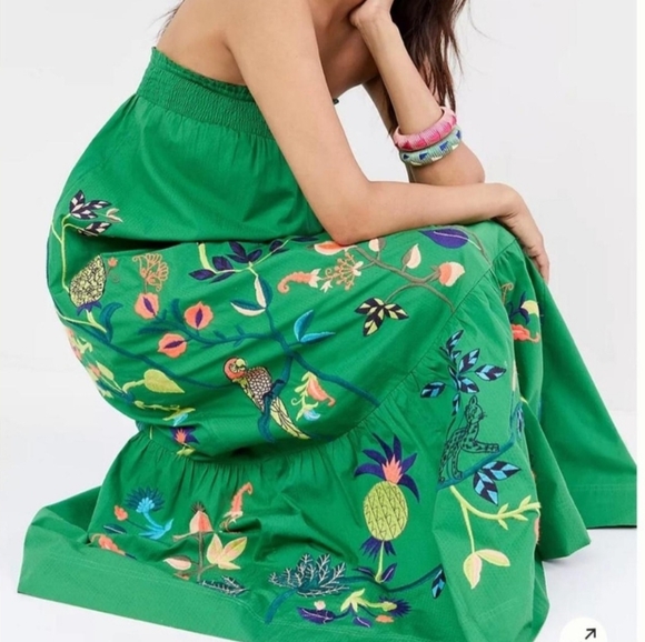 Anthropologie Strapless Embroidered Maxi Dress Green Tropical Botanical Smocked - Picture 2 of 9